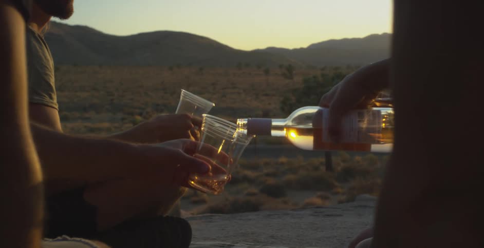 Group of friends serving alcoholic drinks while standing on a rock overlooking a natural area