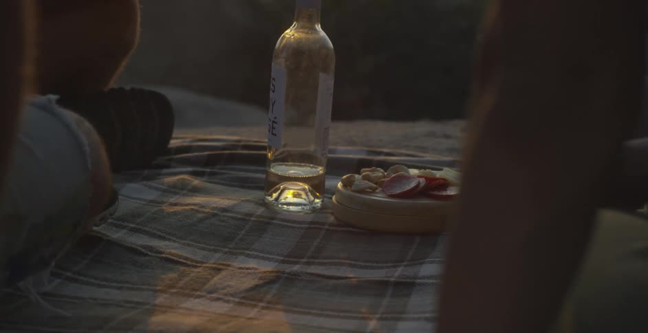 Two people are sitting at a picnic with food and drinks