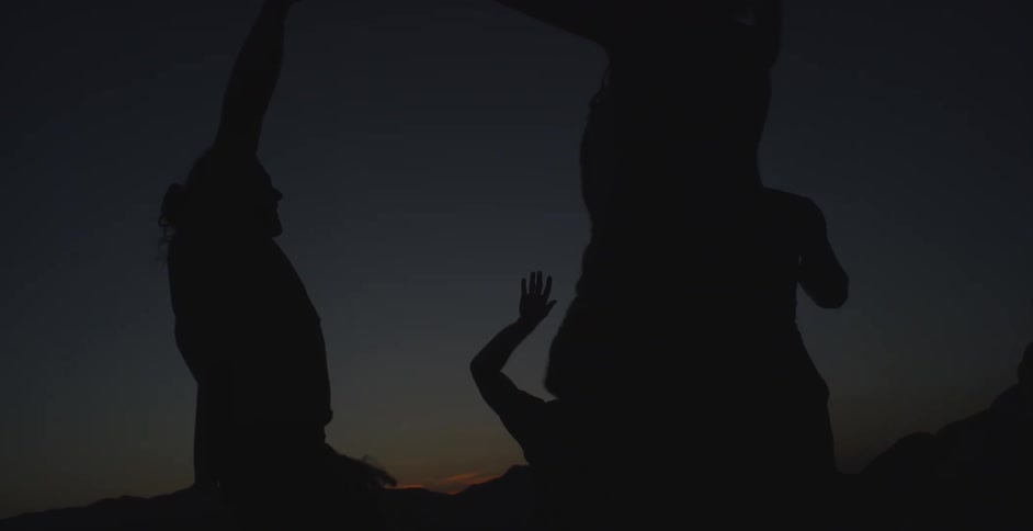 Silhouette of friends celebrating happily in an outdoor setting at dusk