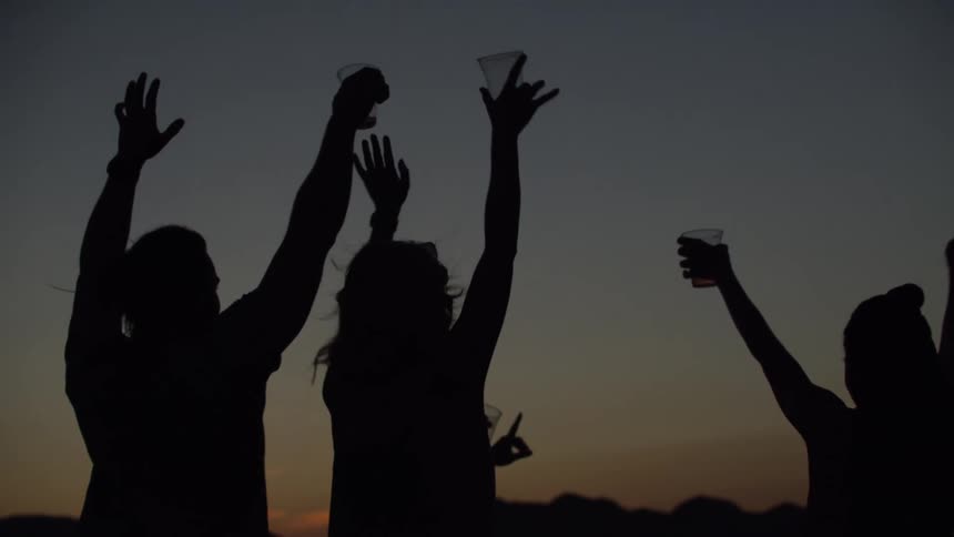 Silhouettes of a group of friends raising their drinks in celebration at a gathering outdoors at sunset