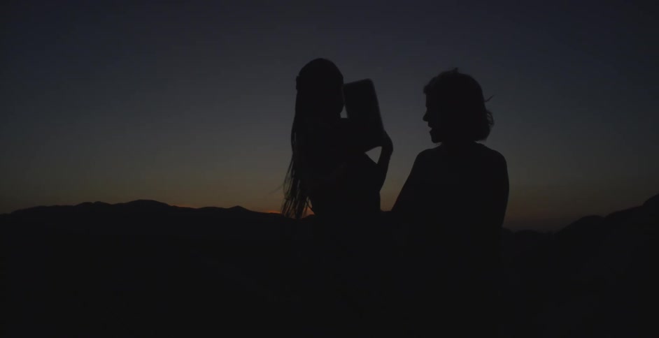 Two female friends take a selfie with a mobile phone while standing at a gathering outdoors at sunset