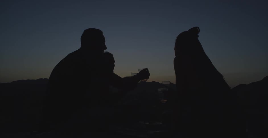 Silhouettes of a groups of friends cheering with their drinks while seated at a gathering outdoors at sunset