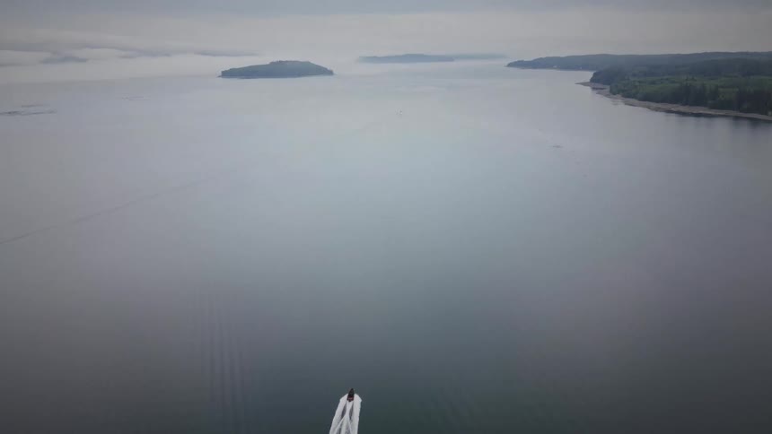The boat is traveling in the water by the shore