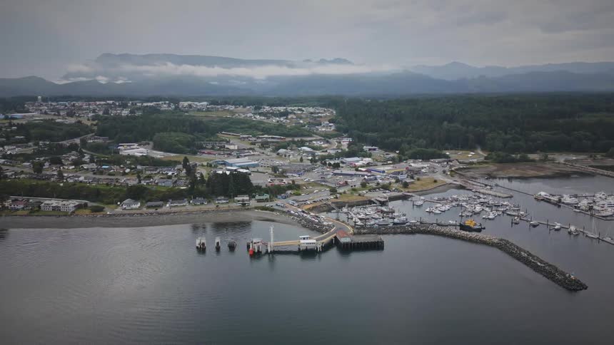 Aerial panorama of a port with boats and a city in the background