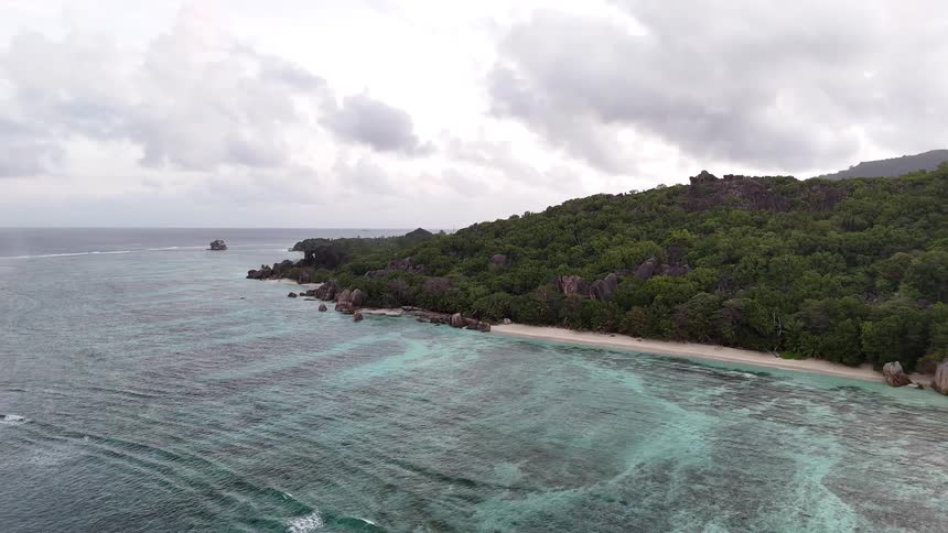 Aerial view of a lush coastline with turquoise ocean waves and a sandy beach