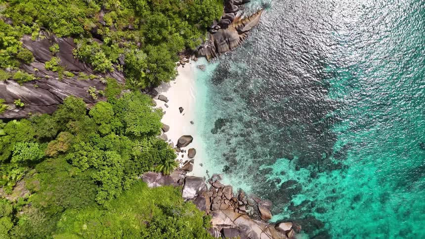 Aerial panorama of an island with turquoise blue sea