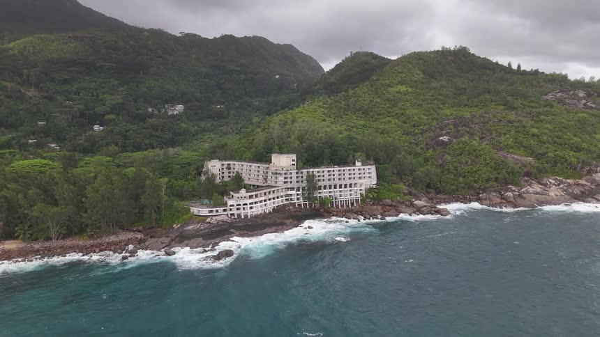Aerial panorama of an abandoned seaside mountain resort