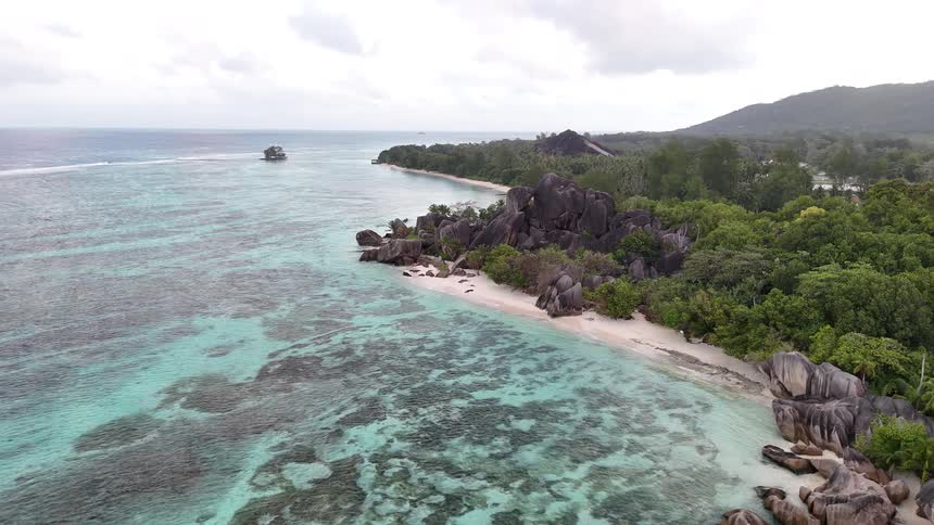 A shoreline with a forested island at midday