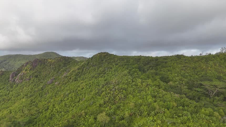 An aerial shot flies over the rocky peak of a tropical mountain revealing a vast junglecovered landscape under a heavy overcast sky