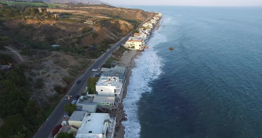 Aerial view of houses on the beachfront in Malibu
