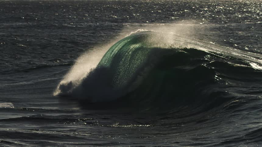A large wave curves sharply as it breaks with thick white foam cresting and sunlight reflecting off its rough surface