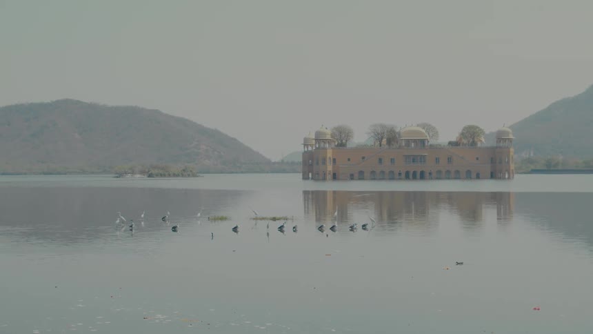 Palace in calm lake with mountains behind and birds in front