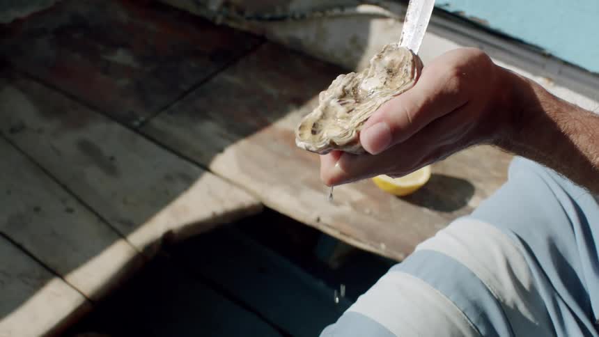 A person opens an oyster with a knife while seated on sunlit wooden boards beside scattered shells