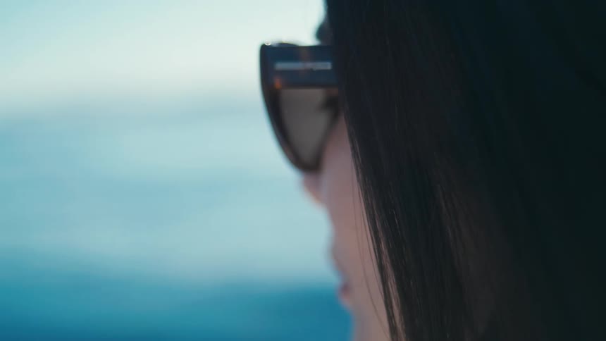A woman wearing sunglasses gazes calmly at the sea under soft daylight