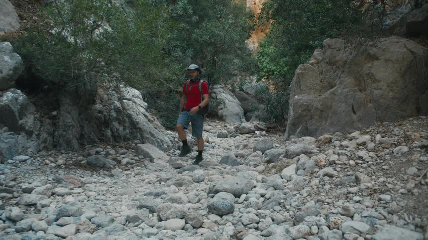 A hiker with a backpack walks up a dirt trail shaded by trees and scattered with rocks