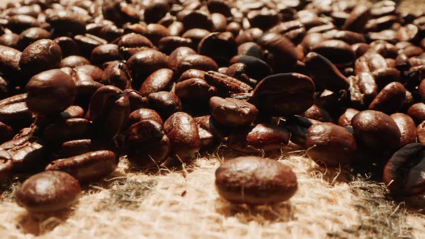 A series of coffee beans is being poured onto other coffee beans spread out under the sun to dry