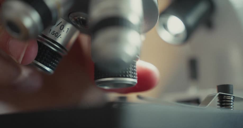 Hand rotating the lenses of a microscope