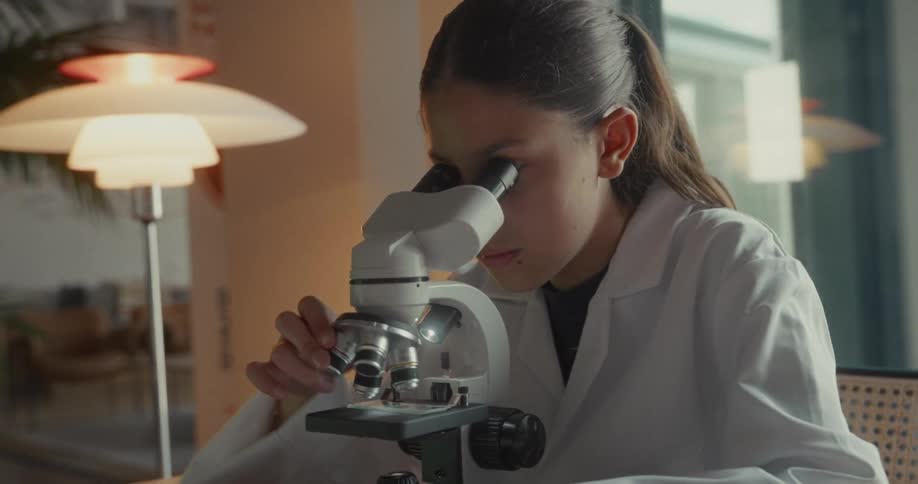 Concentrated teenager in white coat interacting with microscope