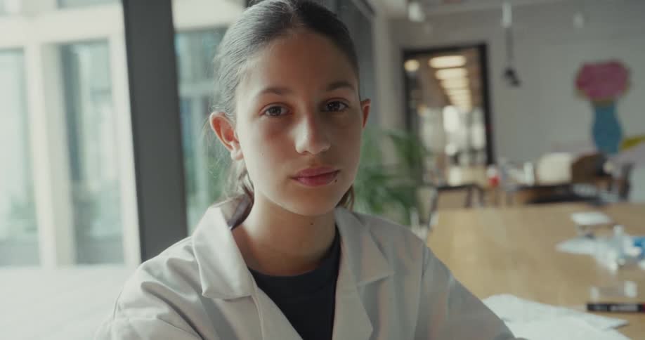 Teenager in a white coat in an indoor space