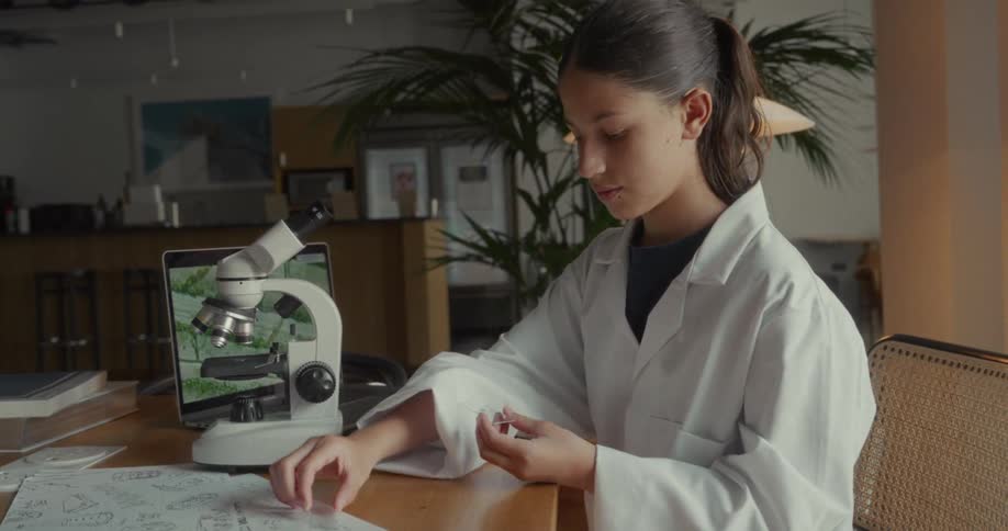 Young female scientist drops a liquid sample with a pipette on a microscope slide in preparation to be viewed on a microscope in a lab