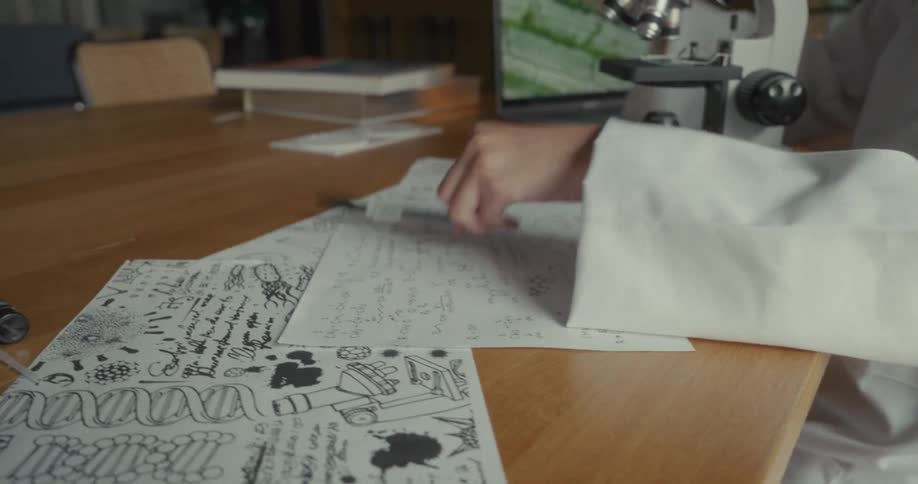 Young female scientist makes notes on a sheet of paper after viewing a microscope slide at a table in a lab during daytime