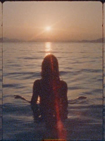 A woman is standing in the ocean with half of her body submerged watching the sunset