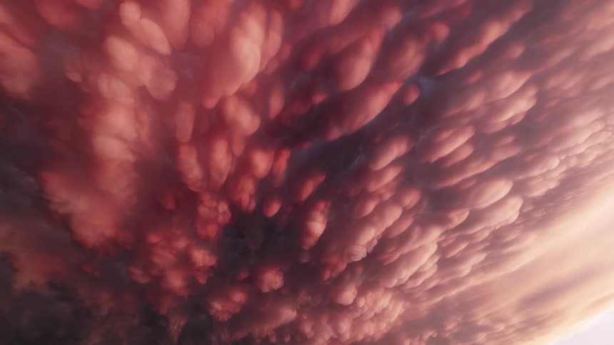 The video shows a dramatic closeup of mammatus clouds characterized by their distinct pouchlike formations against a changing sky that transitions from bright orangered to deeper red hues the clouds appear textured and slightly blurred