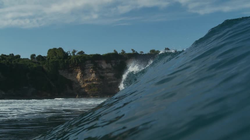 Landscape of a wave in the ocean and the wooded coastline in the background