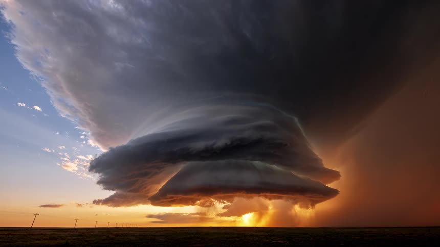 Dramatic and powerful supercell thunderstorm at sunset the massive dark gray storm clouds dominate the sky with their swirling structure clearly visible below the clouds the setting sun casts an orange glow on the horizon and illuminates parts