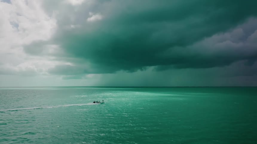 Heavy clouds are over the traveling speed boat