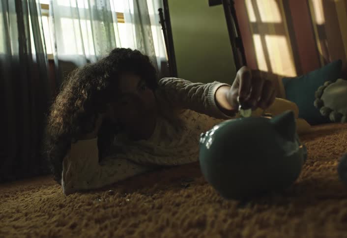 The girl laying on the carpet puts coins in the piggy bank