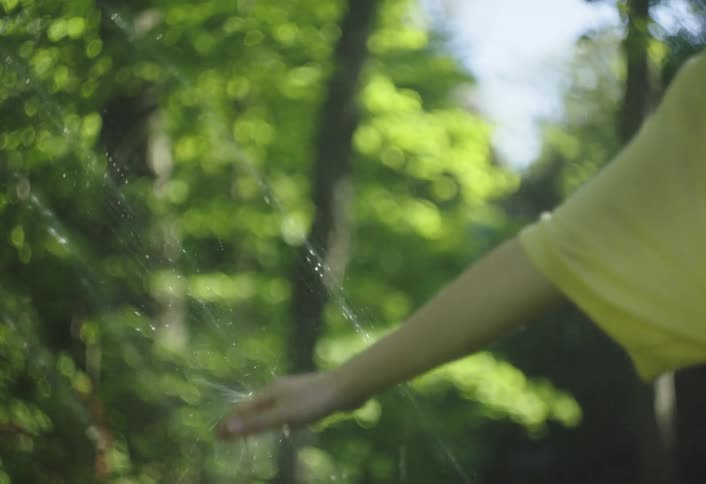 A closeup view shows a persons hand reaching out and interacting with falling water droplets likely from a sprinkler or light rain against a blurred green background of trees the sunlight catches the water