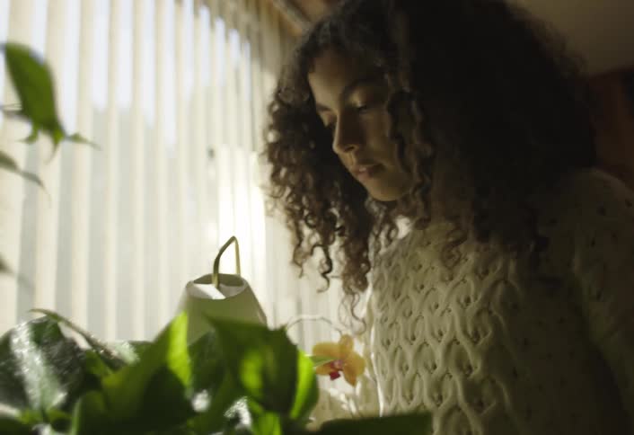 A young woman with long curly dark hair is closely examining a plant with green leaves possibly an orchid due to the visible yellow flower in the background she appears to be tending to or admiring the plant with soft light coming from a window