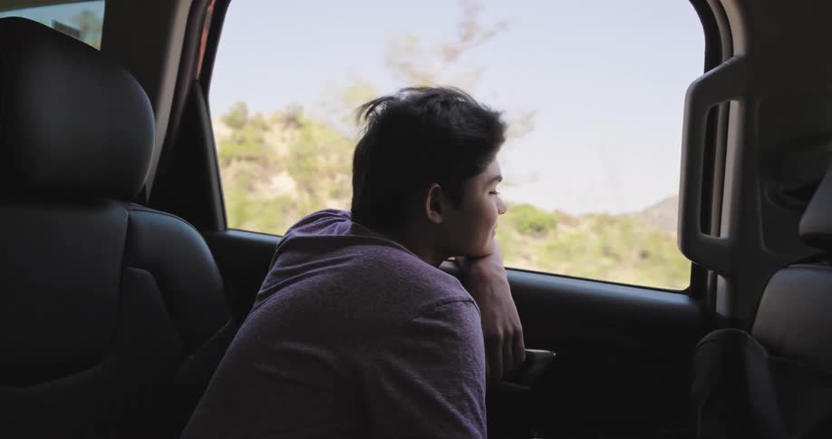 A boy rests his chin on his arm while sticking his head out of a car window