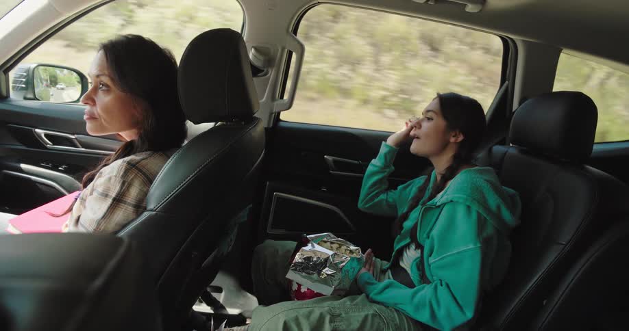 Two people are seated in a car enjoying snacks and music during a road trip the passenger in the front seat is a woman with long dark hair while a younger person in the back seat with braided hair is eating from a bag of chips
