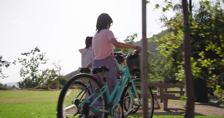 Group of children and teenagers walking in a park with bicycles