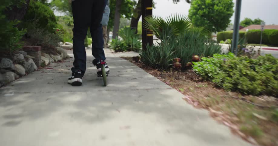 Two people ride scooters side by side along a treelined sidewalk flanked by dense vegetation
