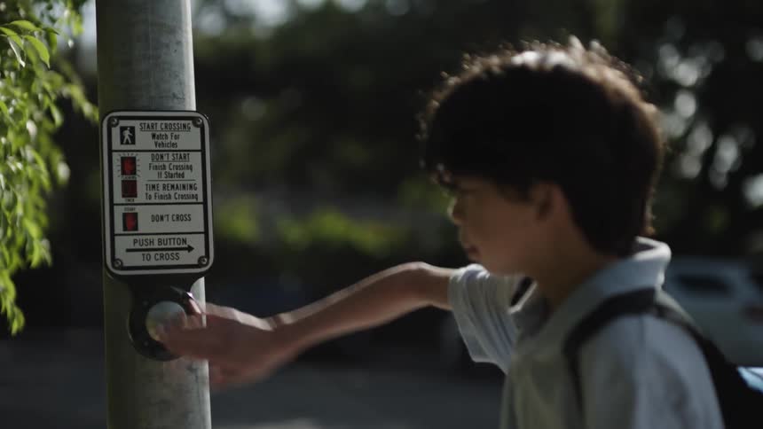 The boy presses the button before crossing the road
