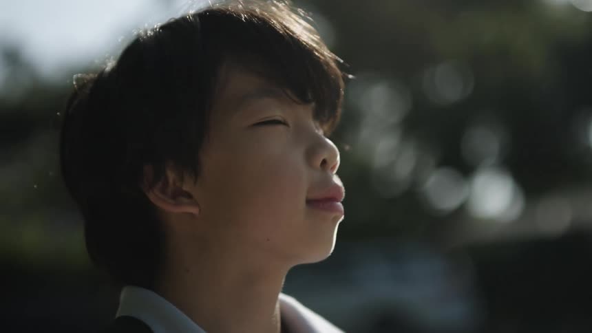 Boy stands near a busy street on a summer day