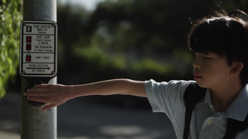Boy on a street corner pressing a button on a street lamp