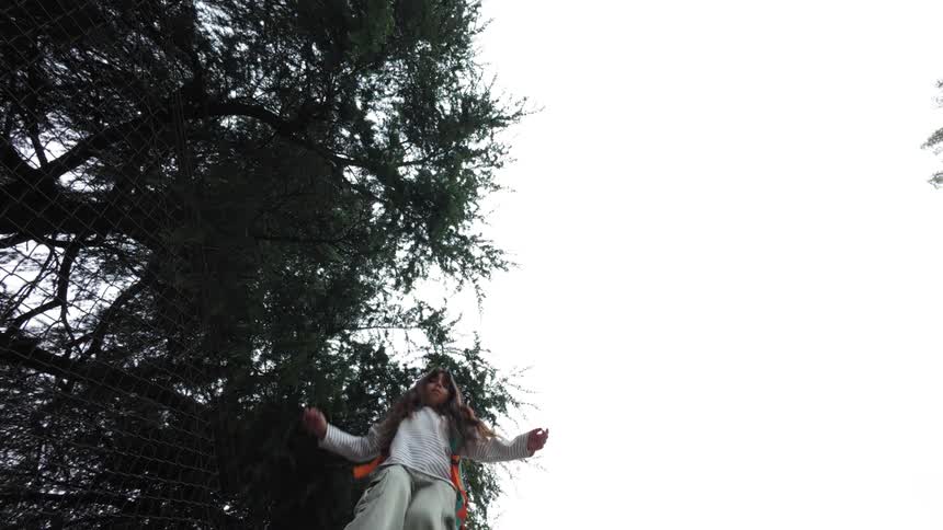 Two children jump under the tree