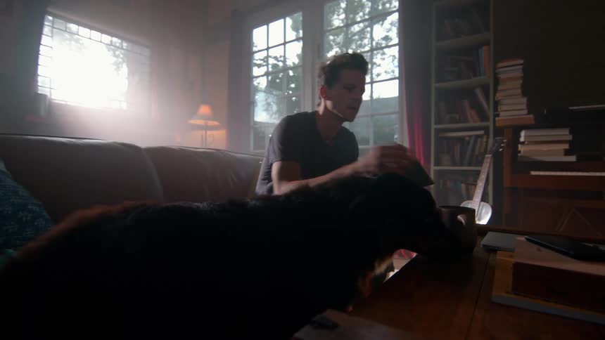 Man sitting with a mug on a smartphone next to a dog