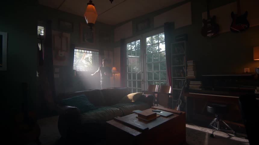 Man in the window of a house in the living room
