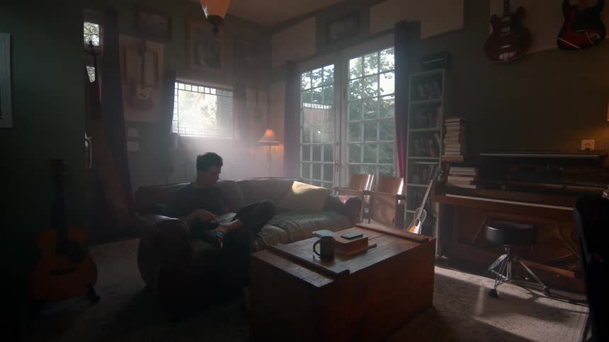 Young man uses a laptop while sitting on a couch in a living room during daytime