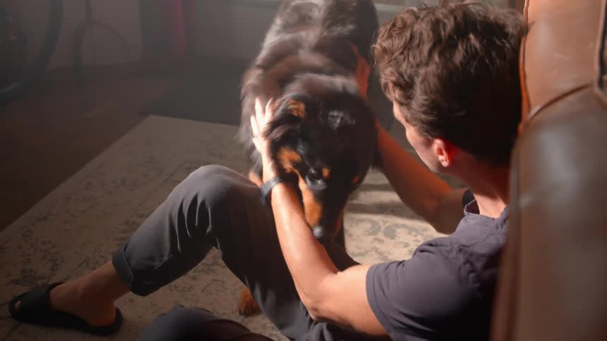 Young man pets and plays with his dog while sitting on the floor in a living room during daytime