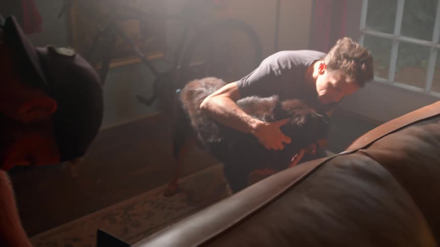 A cameraman films a closeup scene involving a darkfurred dog on a couch while another person assists nearby