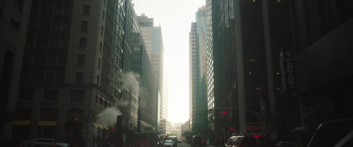 Metropolitan buildings frame a busy city street