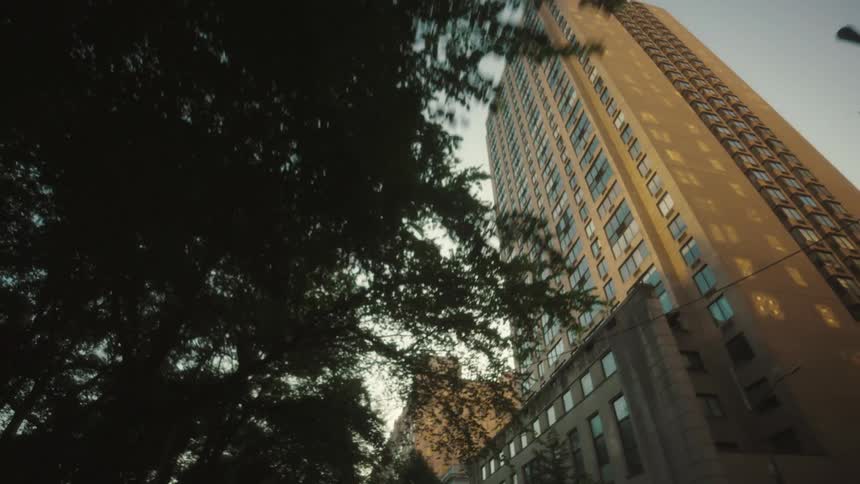 The video shows a lowangle shot of tall buildings with a clear sky visible between them and the tops of trees framing the bottom of the shot the camera slowly pans upwards revealing more of the sky and the height of the buildings