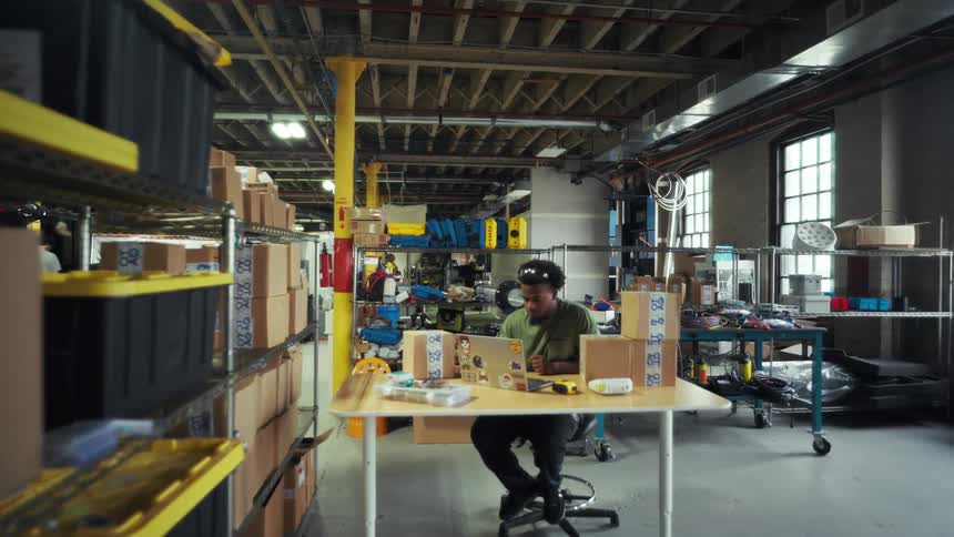 Man sitting in front of laptop with boxes on his desk inside a factory