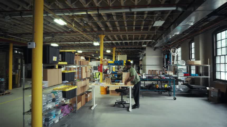 A man walks through a warehouse holding a box approaching his workstation